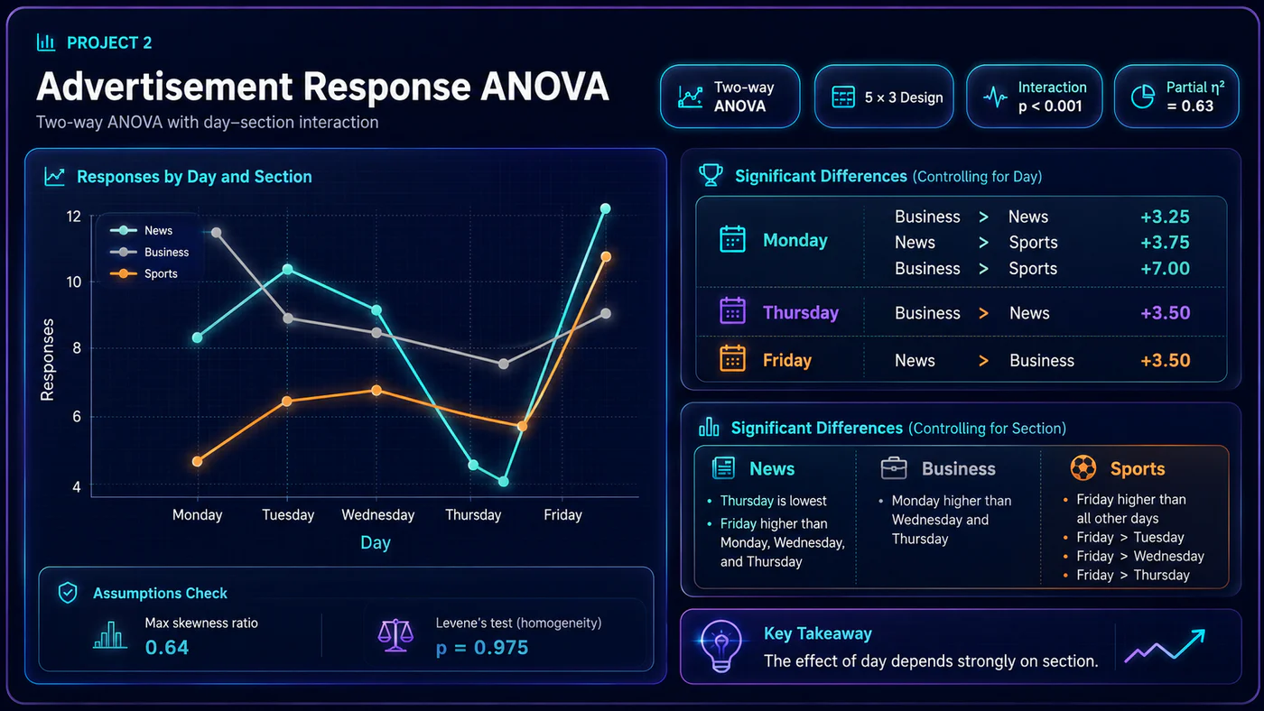 Dashboard cover for the advertisement response ANOVA project
